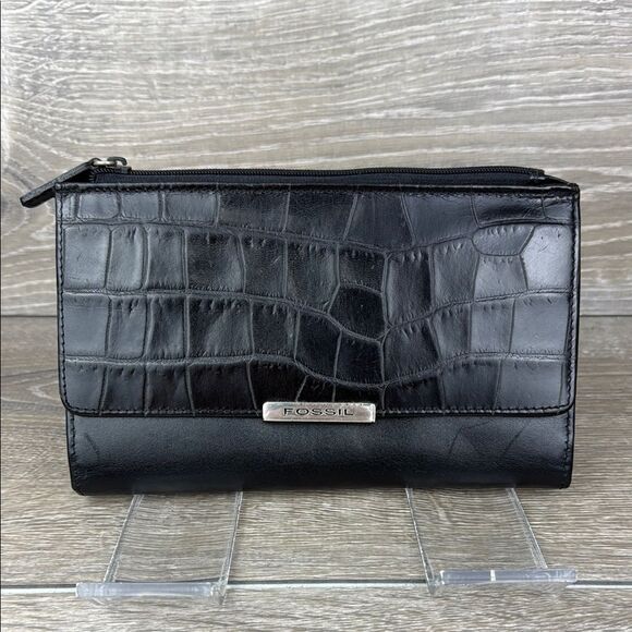 Fossil Black Avenue Croc-Embossed Leather Snap Open Tri-Fold Clutch Wallet - Picture 1 of 14